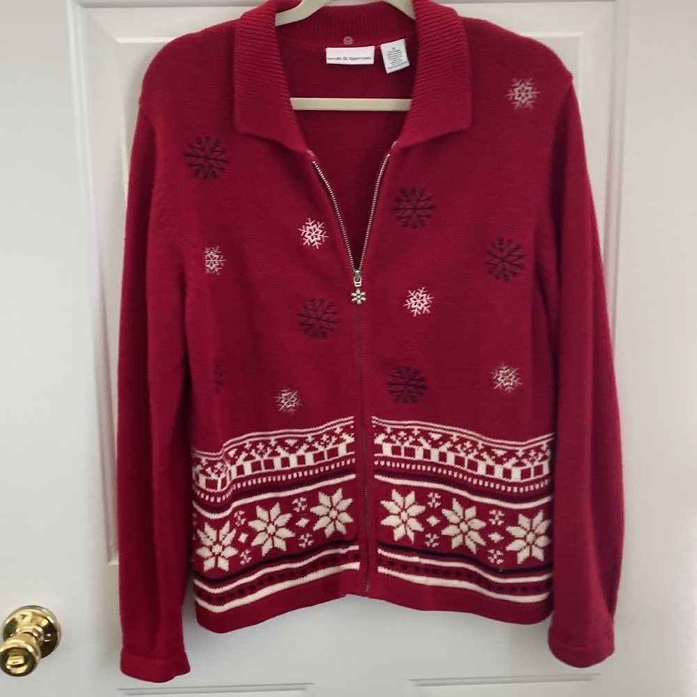 Vintage Croft & Barrow Snowflake Christmas Red Zip Cardigan - Women’s Size Small - Picture 6 of 6